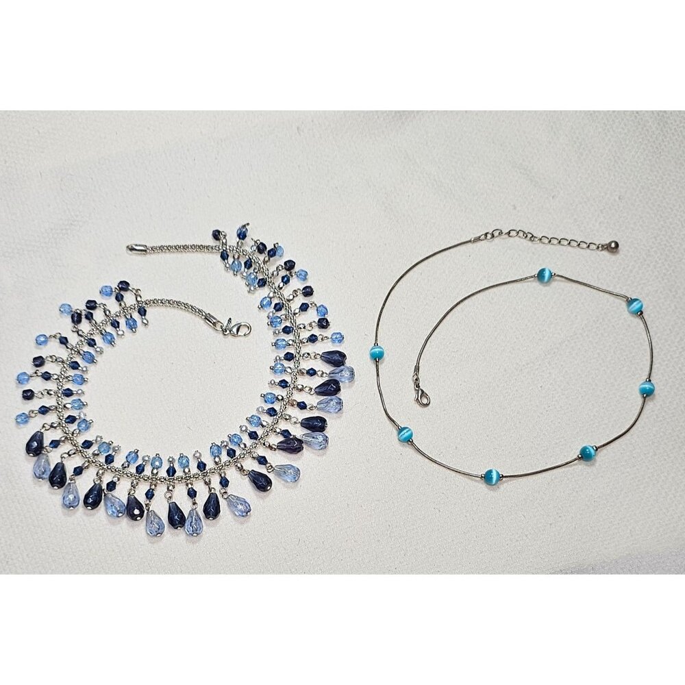 Avon Bead Fringe Choker & Unbranded Blue Cat Eye Floater Necklace, Vintage